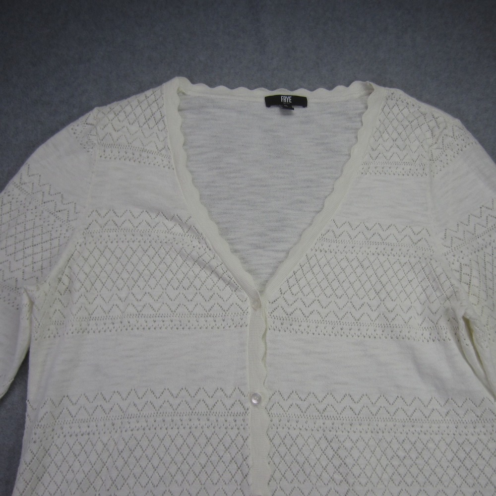 FRYE Sweater Womens‎ XL White Pointelle Scalloped V Neck Button Front Cardigan - Picture 2 of 16